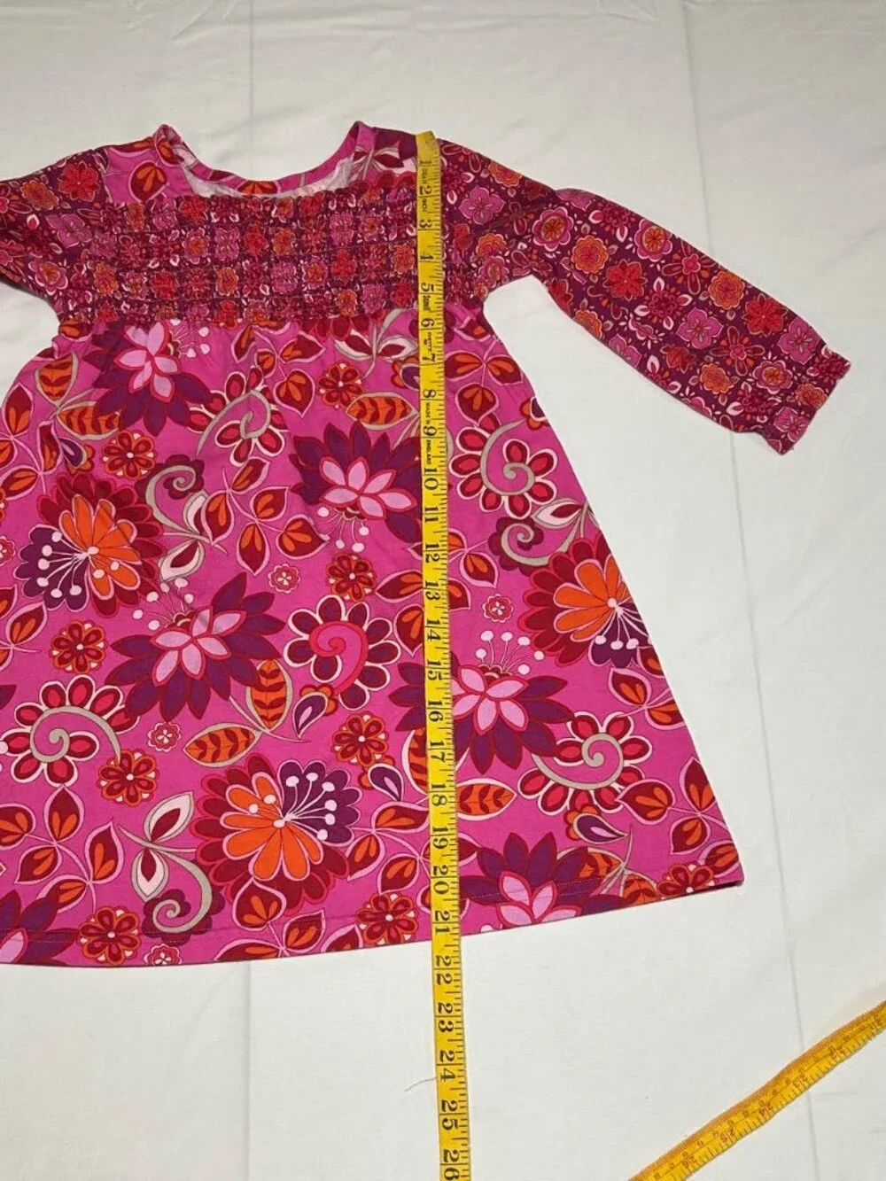 Hanna Andersson Girls Size 3 90cm Pink Flower Long Sleeve Ruched Front Dress